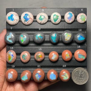 May include: A collection of twenty-three polished opal stones, each numbered, displayed on a black tray. The opals vary in color, showcasing blues, greens, oranges, and pinks within their surfaces. A US quarter coin is included for size reference.