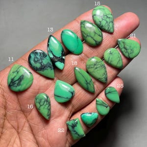 May include: A collection of polished green gemstones with black veining, in various shapes including teardrop, oval, and irregular forms. The gemstones are displayed against a neutral background, showcasing their vibrant color and unique patterns. Ideal for jewelry making or collecting.