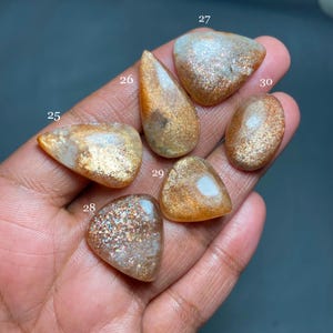 May include: Six sunstone cabochons in various shapes and sizes, ranging in color from light gold to dark brown with iridescent sparkle. The stones are numbered 25 through 30.