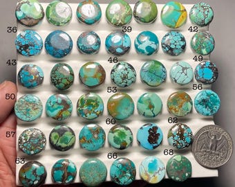 Op de afbeelding: Een verzameling turkoois cabochons in verschillende tinten blauw, groen en bruin, gerangschikt op een wit oppervlak. De edelstenen zijn rond en gepolijst, met unieke patronen en texturen. Een Amerikaanse kwartmunt is inbegrepen ter referentie.