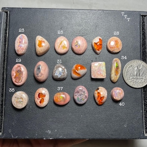 Puede incluir: Una colección de piedras preciosas de ópalo pulidas en varias formas y tamaños, incluyendo ovaladas, en forma de lágrima y cuadradas. Los ópalos muestran una gama de colores, incluyendo rosa, naranja y destellos iridiscentes. Se incluye una moneda para referencia de tamaño.