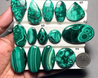Pode incluir: Uma coleção de pedras preciosas de malaquite polidas em várias formas, incluindo ovais, em forma de gota e redondas. As pedras exibem uma cor verde vibrante com padrões únicos em espiral. Uma moeda é incluída para referência de tamanho.