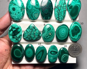 Pode incluir: Uma coleção de pedras preciosas de malaquite polidas em várias formas, incluindo ovais, em forma de gota e triangulares. As pedras exibem um rico padrão de redemoinho de tons verdes escuros e claros, com uma moeda para escala.