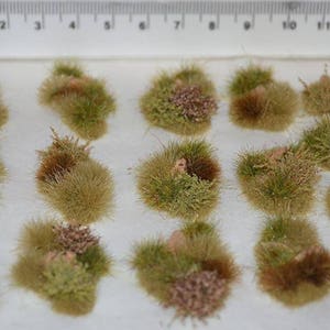 Puede incluir: Una colecci&oacute;n de 15 mechones de hierba en miniatura de color verde, marr&oacute;n y beige, que se asemejan a un campo o una pradera, dispuestos sobre una superficie blanca.