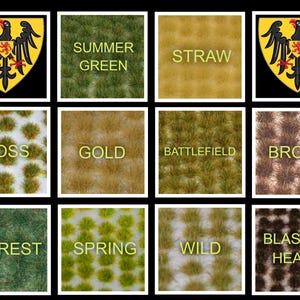 May include: A collection of 10 different types of model railroad scenery, including Summer Green, Straw, Moss, Gold, Battlefield, Brown, Forest, Spring, Wild, and Blasted Heath.