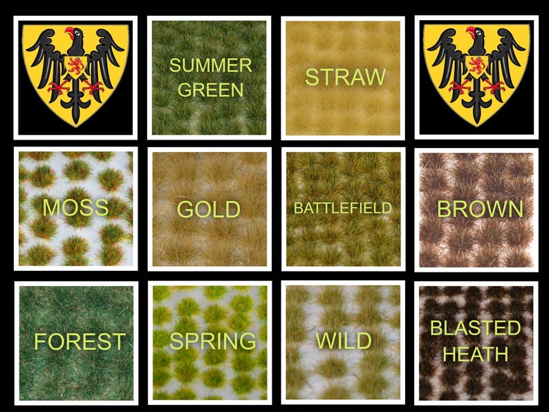 May include: A collection of 10 different types of model railroad scenery, including Summer Green, Straw, Moss, Gold, Battlefield, Brown, Forest, Spring, Wild, and Blasted Heath.