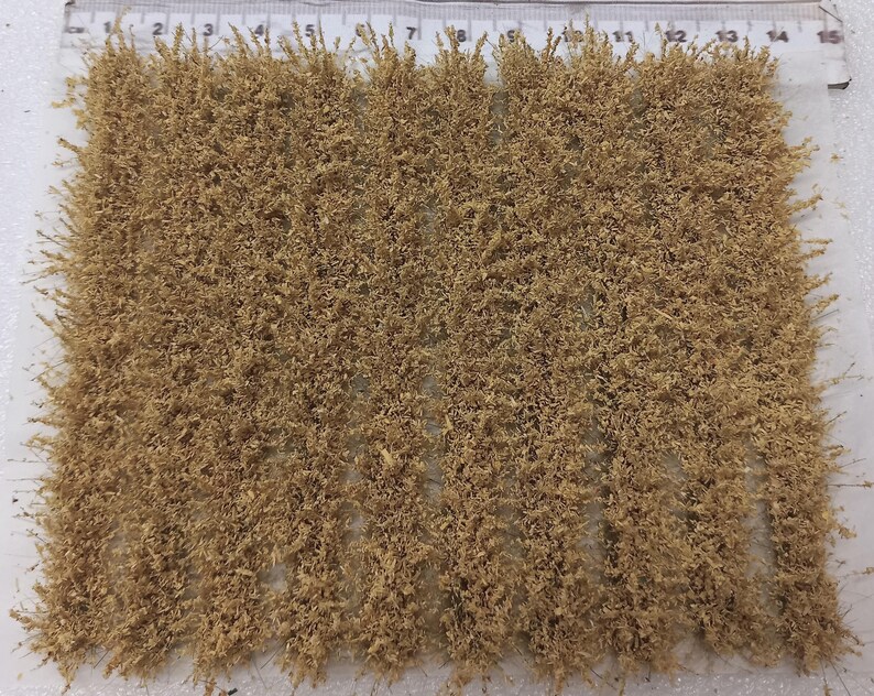 May include: A sheet of brown, dry, static grass for model railroading or other craft projects. The grass is arranged in rows and is approximately 15 inches wide.