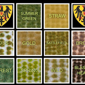 May include: A collection of 12 different colors of model railroad grass tufts, including Summer Green, Straw, Moss, Gold, Battlefield, Brown, Forest, Spring, Wild, and Blasted Heath.