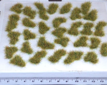 Op de afbeelding: Een vel met groene, bruine en gele plukjes gras, gerangschikt in een rasterpatroon op een witte achtergrond. De plukjes hebben een diameter van ongeveer 2,5 cm.