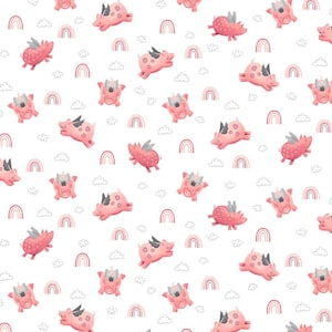 Porkopolis Flying Pig Fabric with Rainbows by Studio E fabrics