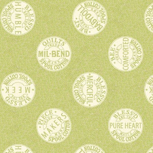 May include: A repeating pattern of circular labels with text on a light green background. The labels feature phrases like "Humble," "BabyDoll," and "Pure Heart," along with the words "Spool Cotton." The design has a vintage, homespun aesthetic.