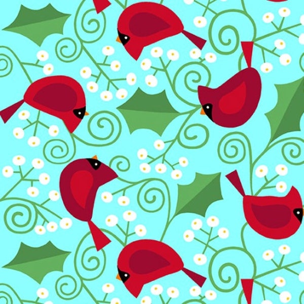 Andover Fabrics Very Merry by Kim Schaefer  - Pattern 9396 - Red Cardinals on Aqua Blue