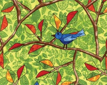 Hoffman Autumn is for Birds Fabric - Birds on stained glass and Green Leaves