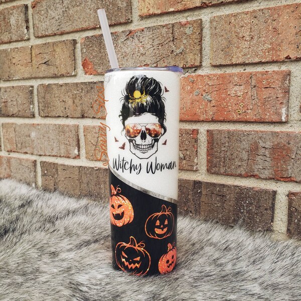 Witchy Woman | Skeleton | Halloween Tumbler | Spooky Tumbler | Witches | Pumpkins | Spider Webs | Orange Glitter | Stainless Steel | Foil