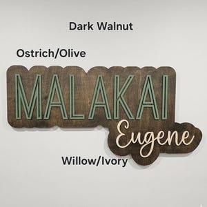 May include: A custom wooden sign featuring the name MALAKAI in olive green block letters on a dark walnut background, with the name Eugene in ivory script letters on a separate dark walnut piece. Text labels include Dark Walnut, Ostrich/Olive, and Willow/Ivory.
