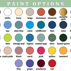 May include: A color chart with the text "PAINT OPTIONS" at the top. The chart displays a variety of paint colors, including black, white, ivory, beige, cinnamon, chestnut, metallic gold, and metallic silver. Other colors include aqua, spa, slate blue, oasis, wildflower, blue, navy, and light gray.