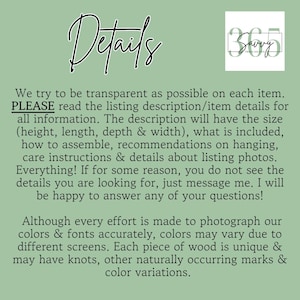 May include: A sage green background with the word "Details" in elegant cursive script. The text below provides information about the product, including size, assembly, and care instructions. A logo with the text "365 Savvy" is in the upper right corner.