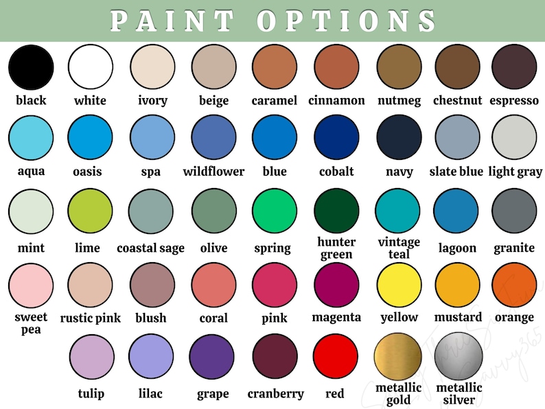 May include: A colour chart titled PAINT OPTIONS featuring forty-eight circular swatches in various hues. Each circle is labelled with its corresponding colour name, including black, white, blue, green, pink, yellow, orange, red, gold, and silver.