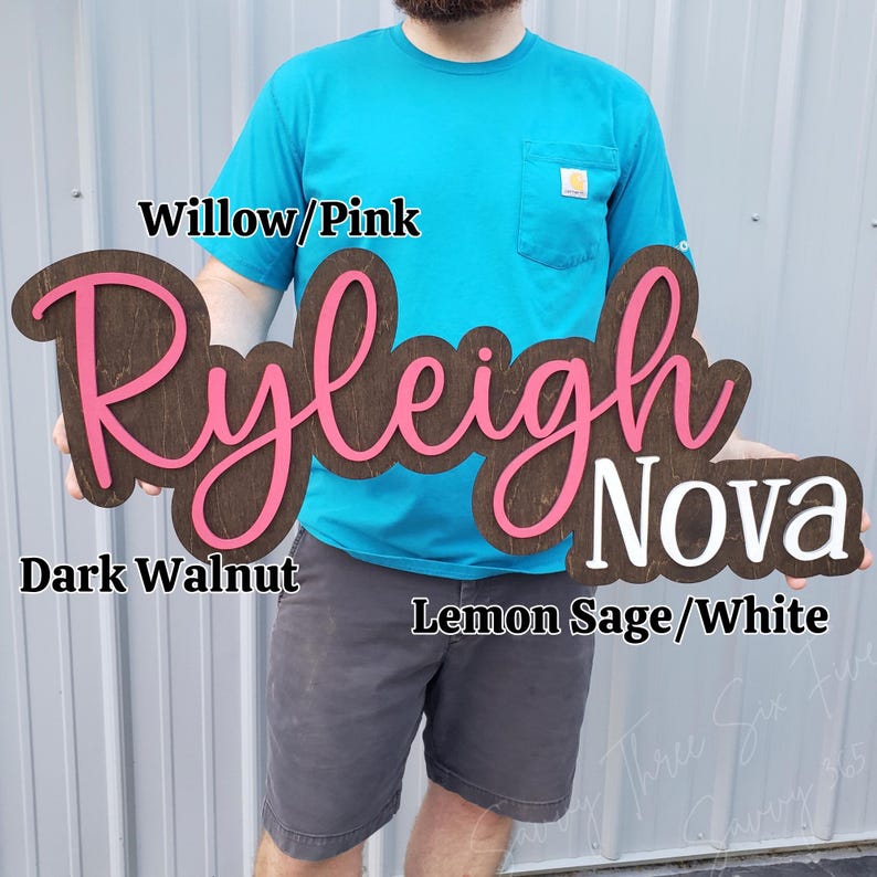 May include: A custom wooden name sign featuring the name Ryleigh in pink script lettering layered over a dark walnut wood backing, with the name Nova in white block lettering. The sign includes text labels Willow/Pink, Dark Walnut, and Lemon Sage/White.