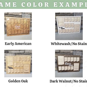 May include: Wooden frame color examples with the text "FRAME COLOR EXAMPLES". The examples include Early American, Whitewash/No Stain, Golden Oak, and Dark Walnut/No Stain. Each frame has a different color and design.