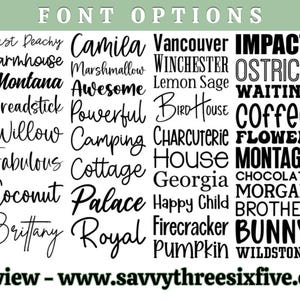 May include: A font options chart displaying various typography styles in black text on a white background. The list includes names like Just Peachy, Camila, Vancouver, Impact, Ostrich, and others, organised in four columns under the heading FONT OPTIONS.
