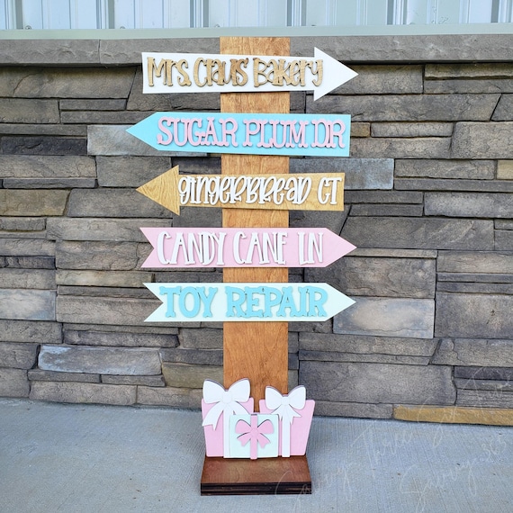 Pastel Christmas Direction Porch Sign | Outdoor Seasonal Decor | Removable Street Signs | Christmas Decorations For Inside Or Outside
