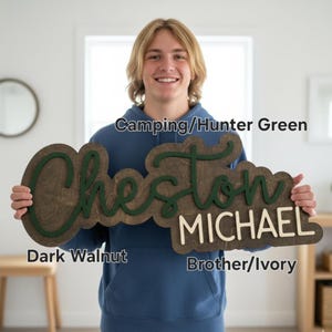 May include: A custom wooden name sign featuring the name Cheston in dark green script lettering layered over a dark walnut wood backing, with the name MICHAEL in ivory block lettering. Text labels indicate Camping/Hunter Green, Dark Walnut, and Brother/Ivory.