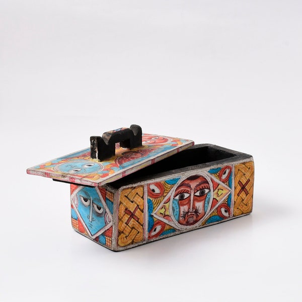 Vintage Ethiopian traditional jewelry box African Wood Box tribal art keepsake box tribal home decor table decor Christian painting E44