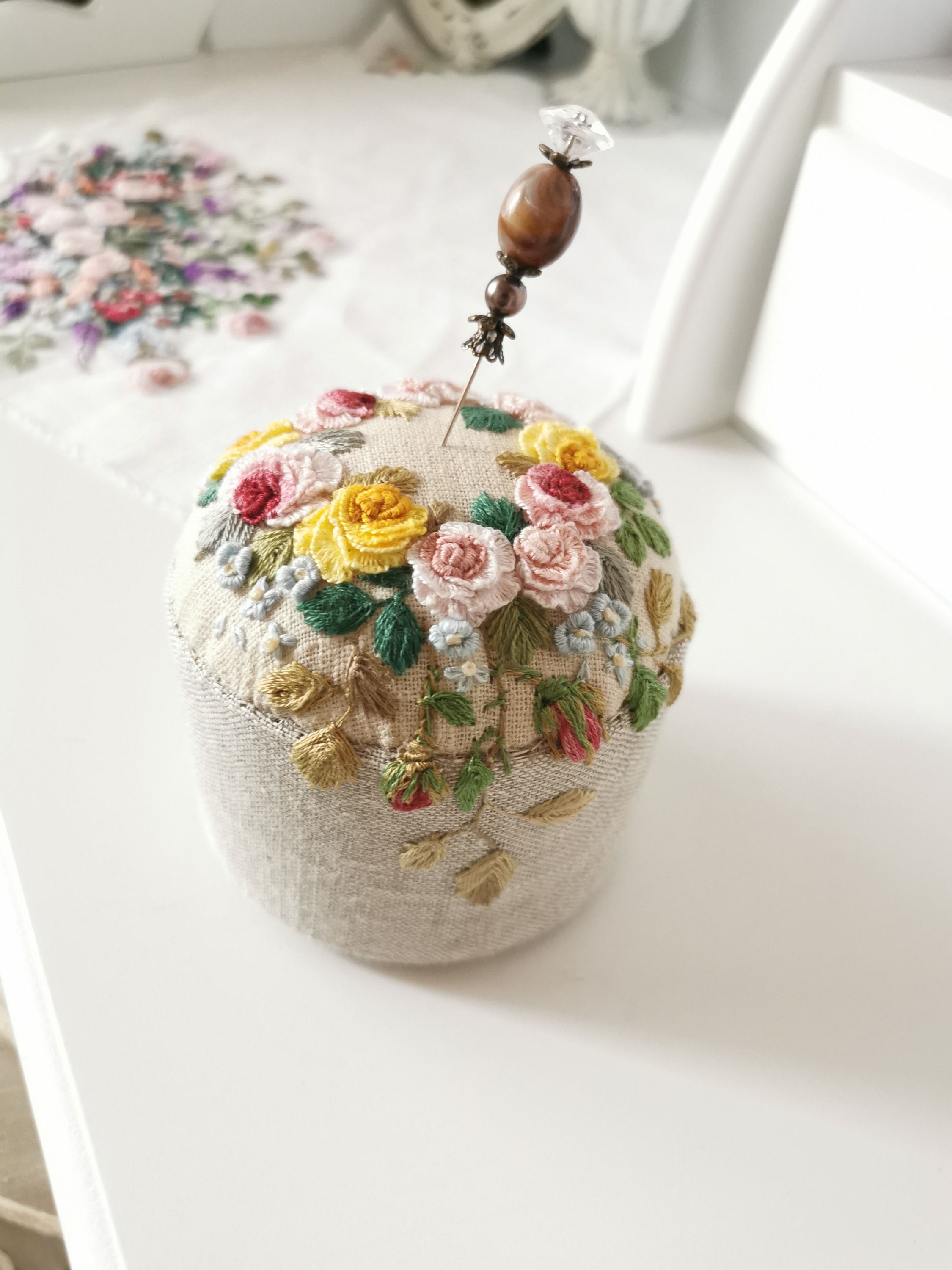 Basket Hand-Embroidered Pin * Basket Hand-Embroidered Pin *