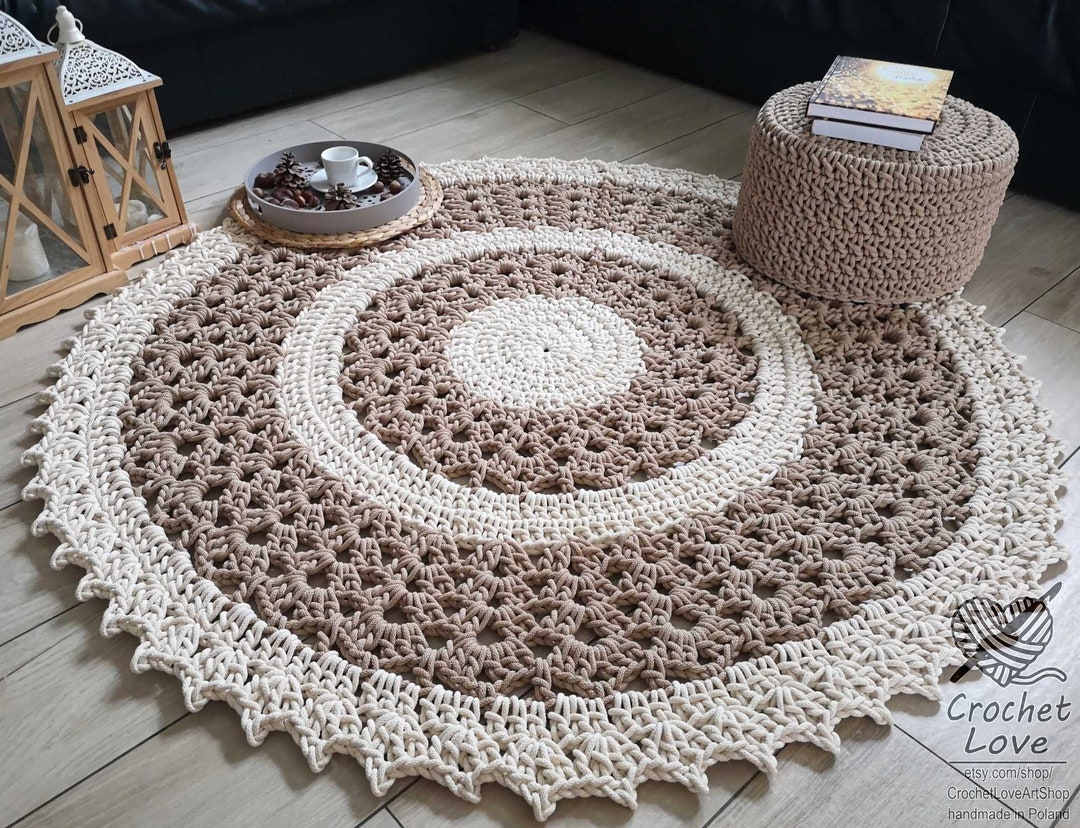 Handmade Beige Round Simple Modern Nursery Crochet Rug, Washable