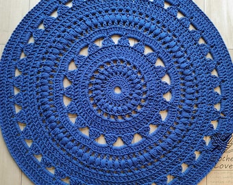 Grand napperon rond au crochet fait main, tapis en corde de coton, tapis naturel, tapis moderne, tapis au crochet pour t-shirt teppich, tapis bleu bleuet