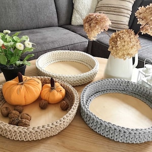 Coffee table TRAY. Decorative tray. Crochet tray. Round wooden decorative tray. Wooden tray with crochet sides. MANY COLORS to choose from