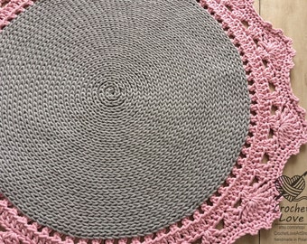 Tapis crochet moderne, Tapis rond au crochet, Tapis pour enfants, Tapis de crochet de pépinière, tapis pour bébés, Tapis teppiche crochet, ROSE et gris tapis au crochet