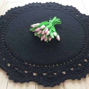 Handmade CROCHET RUG, Doily rug, Round rug, Crochet teppiche, Skandinavische Teppich, Children rug Large crochet floor rug,BLACK crochet rug