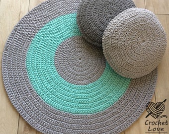 Tapis crochet moderne, tapis rond au crochet, tapis pour enfants, tapis de crochet de pépinière, tapis pour bébés, tapis teppiche au crochet, menthe et tapis crochet gris