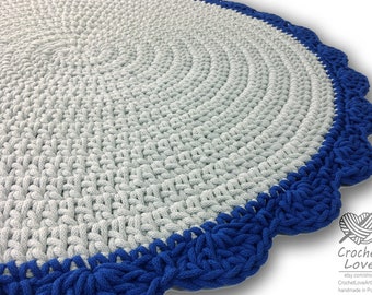 Tapis crochet moderne, Tapis rond au crochet, Tapis pour enfants, Tapis de crochet de pépinière, tapis pour bébés, Teppiche, Tapis crochet Gris clair et bleu fleur de maïs