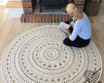 READY TO SHIP rug 71 in (180 cm) Handmade Large Round Crochet Rug, Cotton Cord Rug, Natural Carpet, Modern Rug, Ecru Rug, Ecru Carpet