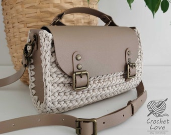 READY TO SHIP Handmade crochet bag with accessories made of natural leather.