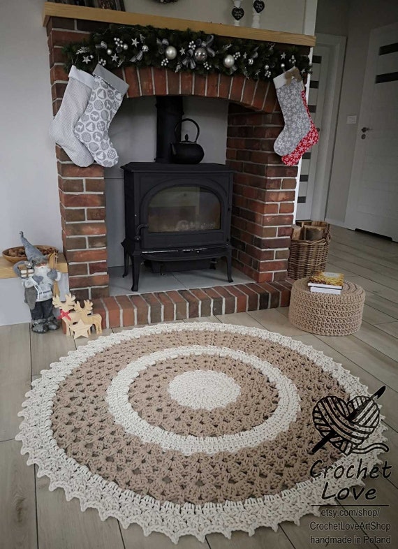 Handmade Beige Round Simple Modern Nursery Crochet Rug, Washable