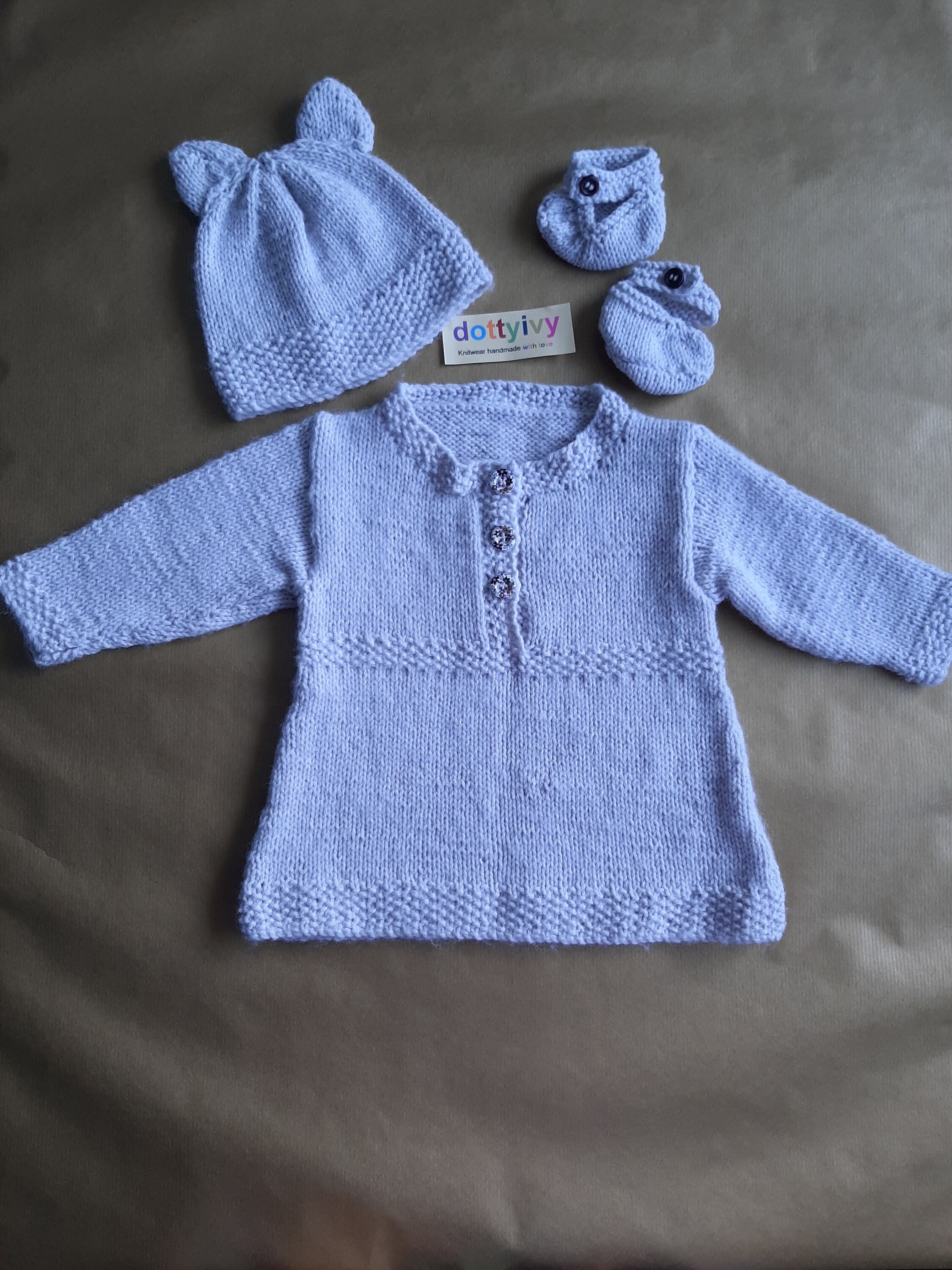 Hand knitted dress with matching hat and shoes