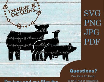 May include: A digital graphic featuring black silhouettes of three farm animals, including a cow, a sheep, and a pig. The text Double R Designs is enclosed in a circular arrow frame. The right side lists SVG, PNG, JPG, PDF file formats.