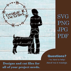 May include: A black silhouette of a person and a goat. The image includes text that says "Double R Designs" and "Designs and cut files for all of your project needs."
