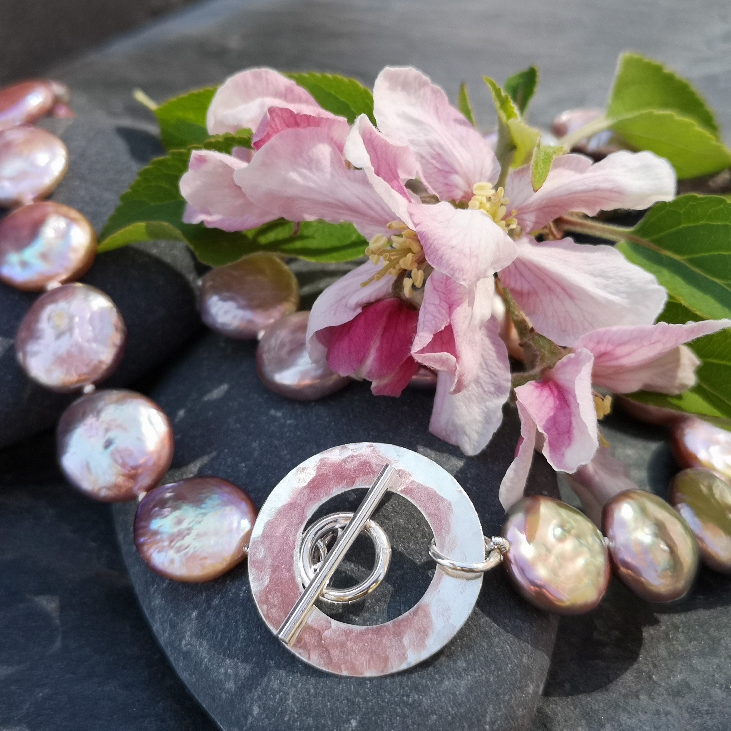 Coin Pearl Necklace with Round Silver Clasp Pink Coin Pearl Necklace with Round Silver Clasp Pink