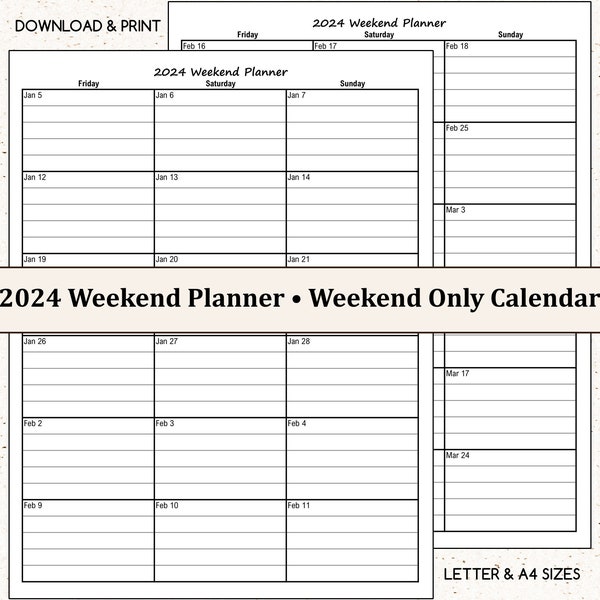 2024 Weekend Planner - Weekend Only Calendar - US Letter and A4 Sizes - Instant Download