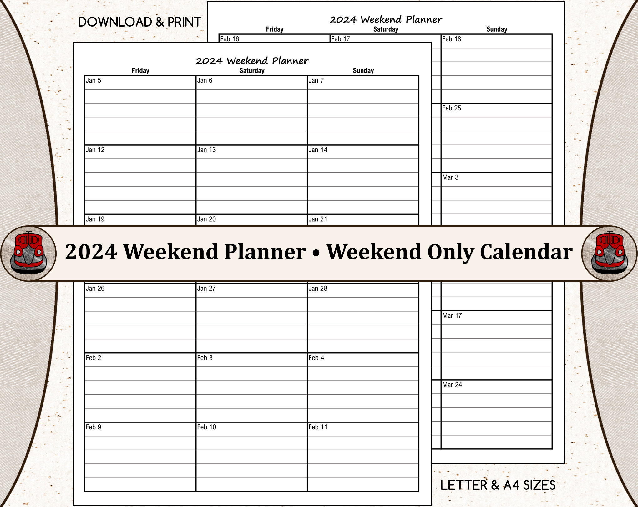 2024 Weekend Planner Weekend Only Calendar US Letter and A4 Sizes