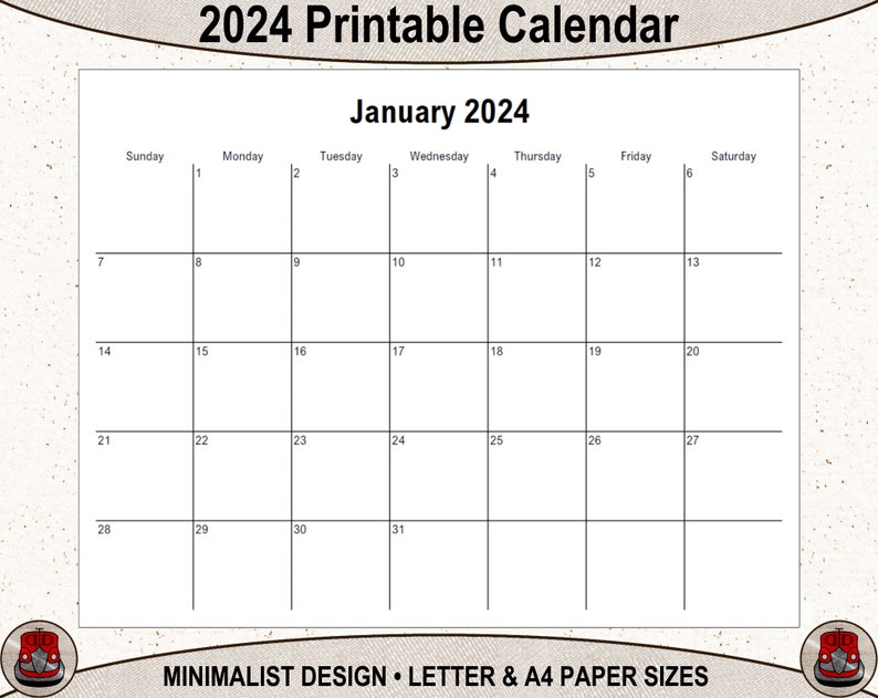 2024 Monthly Calendar Printable PDF Minimalist Design US Letter and A4