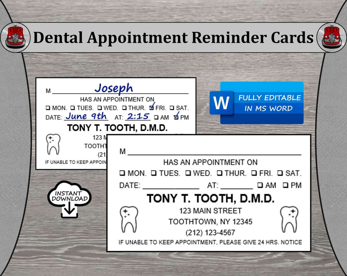 Dental Appointment Reminder Cards Customizable Instant Download Print