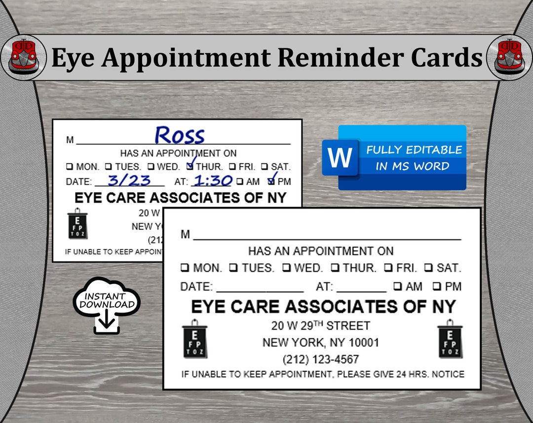 Eye Doctor Appointment Reminder Cards Customizable Instant Download