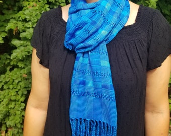 Hand Woven Blue Teal Plaid Scarf from Guatemala