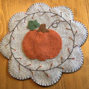 Fall pumpkin candle mat, Penny rug, Centerpiece, Table protector, Primitive Stitchery, Autumn mat